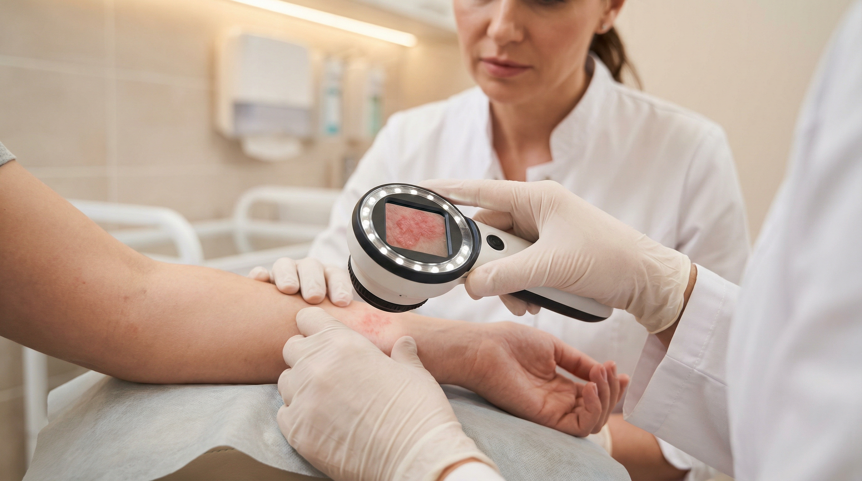 Dermatologist examining skin with dermatoscope for melanoma and skin cancer evaluation — oncodermatology clinical care at MGH